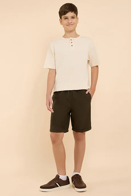 R&B Textured T-Shirt with Henley Neck and Short Sleeves