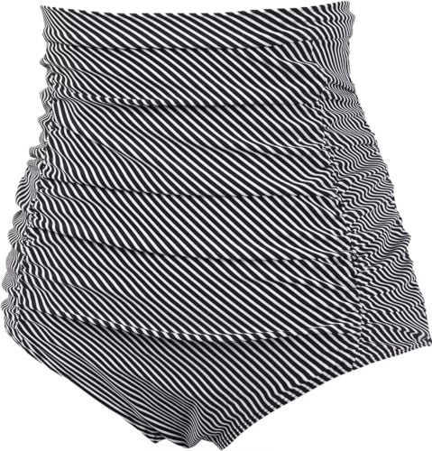 COCOPEAR Women's Ruched High Waisted Bikini Bottom Retro Vintage Swim Short Tankinis Black Stripe 2XL - Image 2