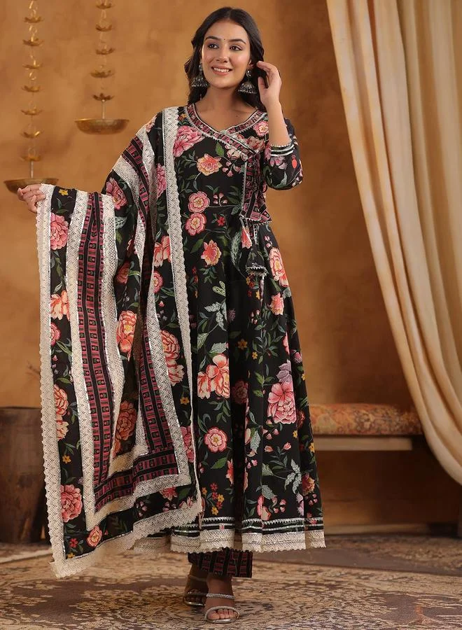 ISHIN Women's Black Cotton Printed Tunic Upper Calf Length Palazzo Bottom Flared 3 Peice Kurta Set