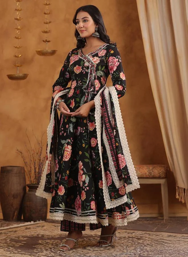 ISHIN Women's Black Cotton Printed Tunic Upper Calf Length Palazzo Bottom Flared 3 Peice Kurta Set