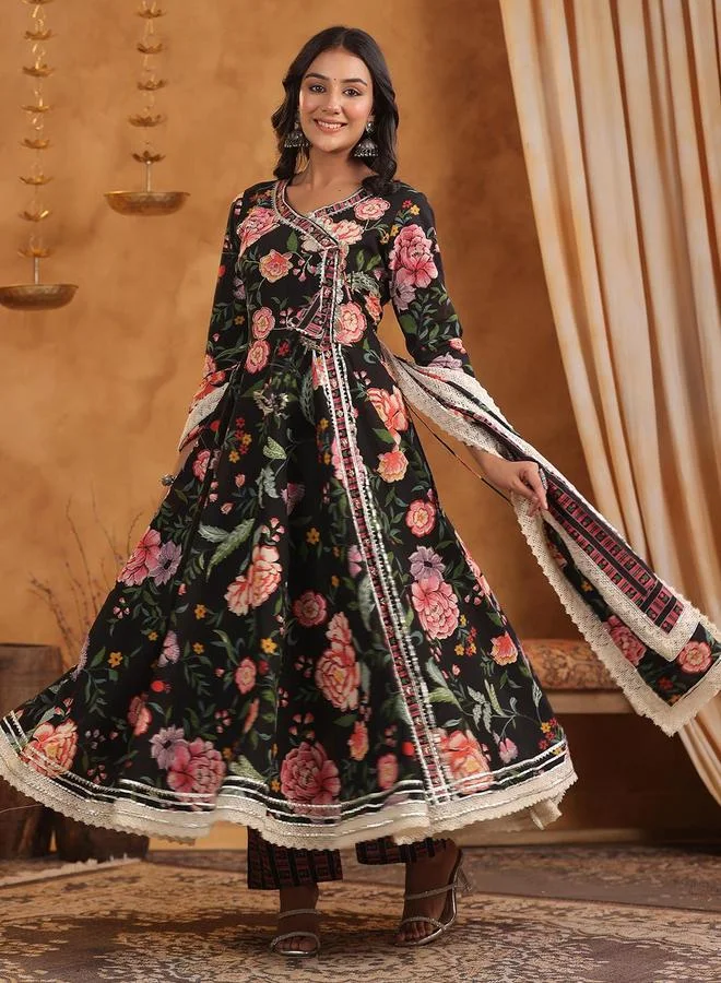 آي شين Women's Black Cotton Printed Tunic Upper Calf Length Palazzo Bottom Flared 3 Peice Kurta Set