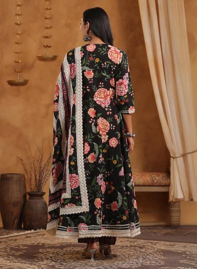 آي شين Women's Black Cotton Printed Tunic Upper Calf Length Palazzo Bottom Flared 3 Peice Kurta Set