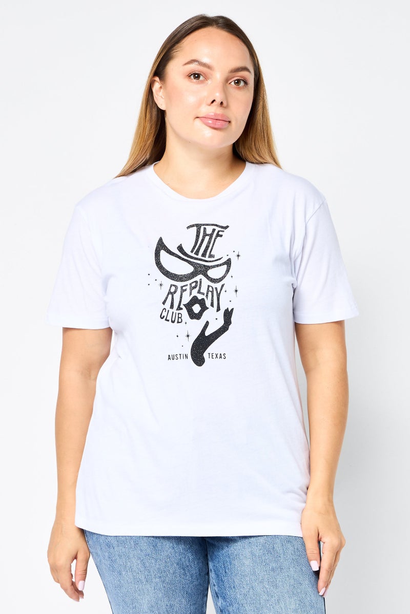 Replay Women Round Neck Short Sleeves Brand Logo T-Shirt, White - Image 1