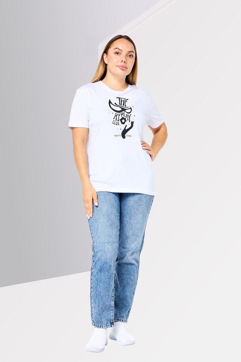 Replay Women Round Neck Short Sleeves Brand Logo T-Shirt, White - Image 2