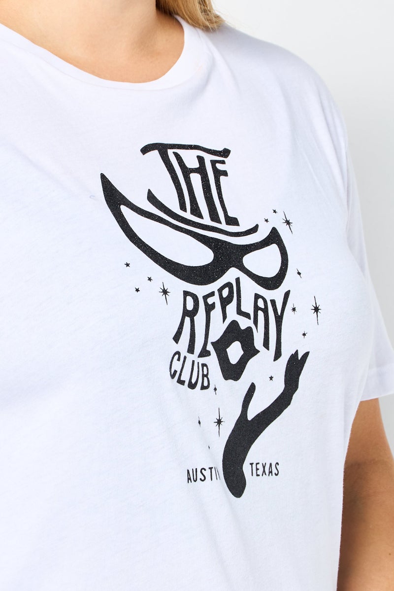 Replay Women Round Neck Short Sleeves Brand Logo T-Shirt, White - Image 3