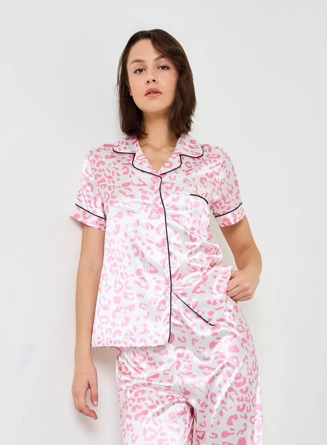 Take Two  Pink Leopard Print Satin Pajama Set with Short Sleeve Shirt and Straight Pyjama for Women | Best Price UAE