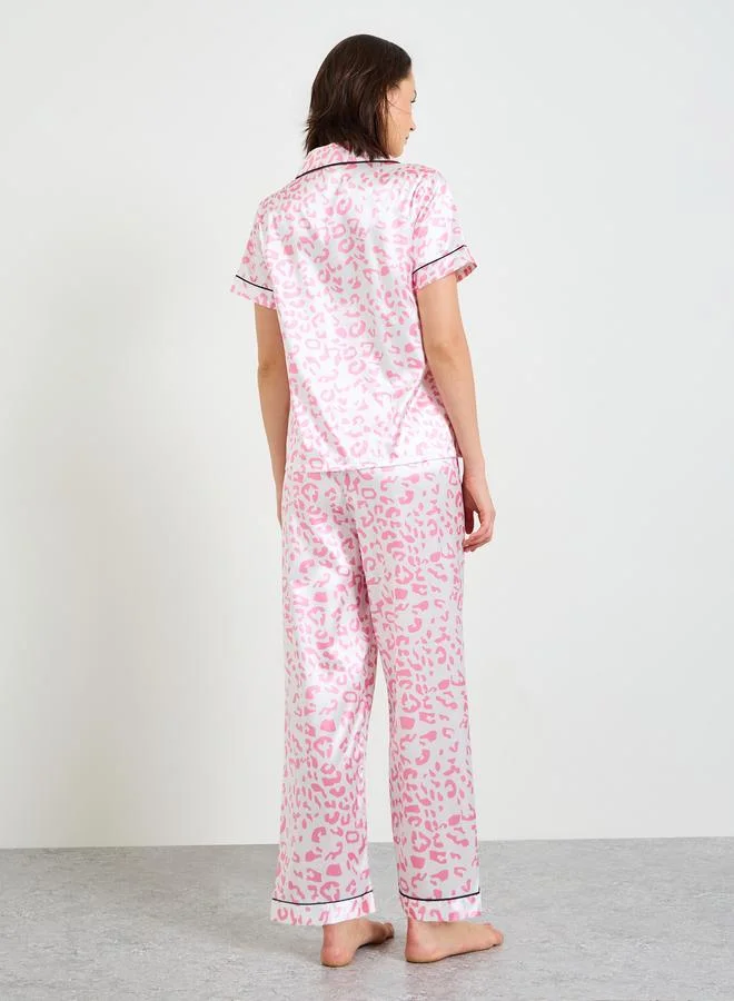 Take Two  Pink Leopard Print Satin Pajama Set with Short Sleeve Shirt and Straight Pyjama for Women | Best Price UAE
