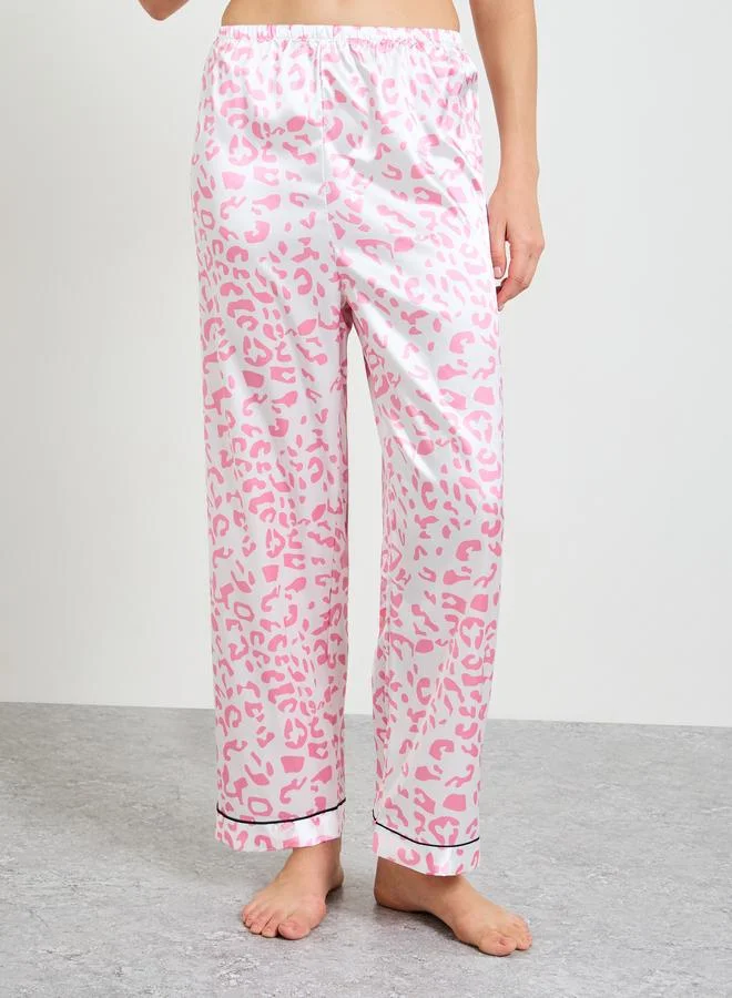 Take Two  Pink Leopard Print Satin Pajama Set with Short Sleeve Shirt and Straight Pyjama for Women | Best Price UAE