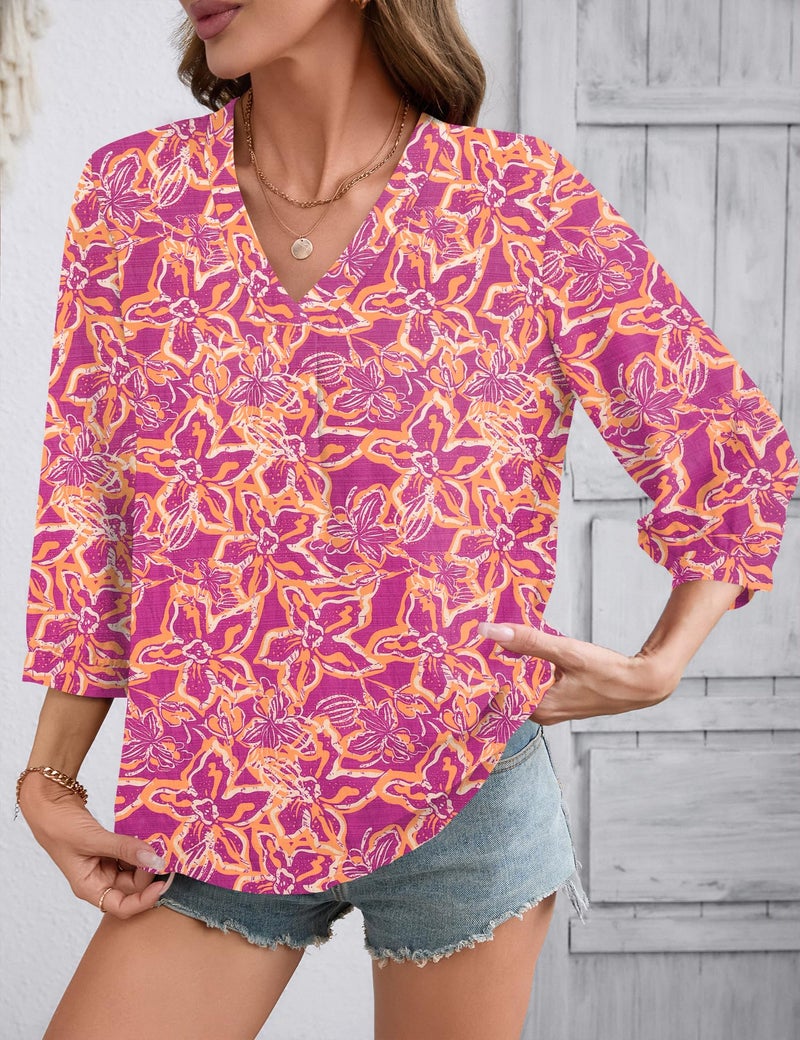 LOMON 3/4 Length Sleeve Boho Fall Fashion Tops Blouses Dressy Casual Shirts for Women Trendy V-Neck Tunic T Shirt - Image 3