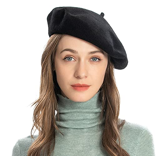 ZLYC Wool French Beret Hat Solid Color Beret Cap for Women Girls (Black) - Image 1