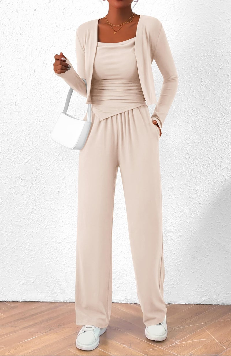 BTFBM Women's Fall Lounge Sets 3 Piece Outfit Tracksuits Casual Long Sleeve Tops High Waisted Sweatpants Set(Beige White,Small) - Image 3