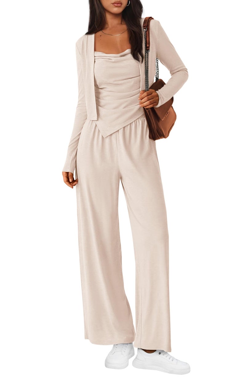 BTFBM Women's Fall Lounge Sets 3 Piece Outfit Tracksuits Casual Long Sleeve Tops High Waisted Sweatpants Set(Beige White,Small) - Image 1