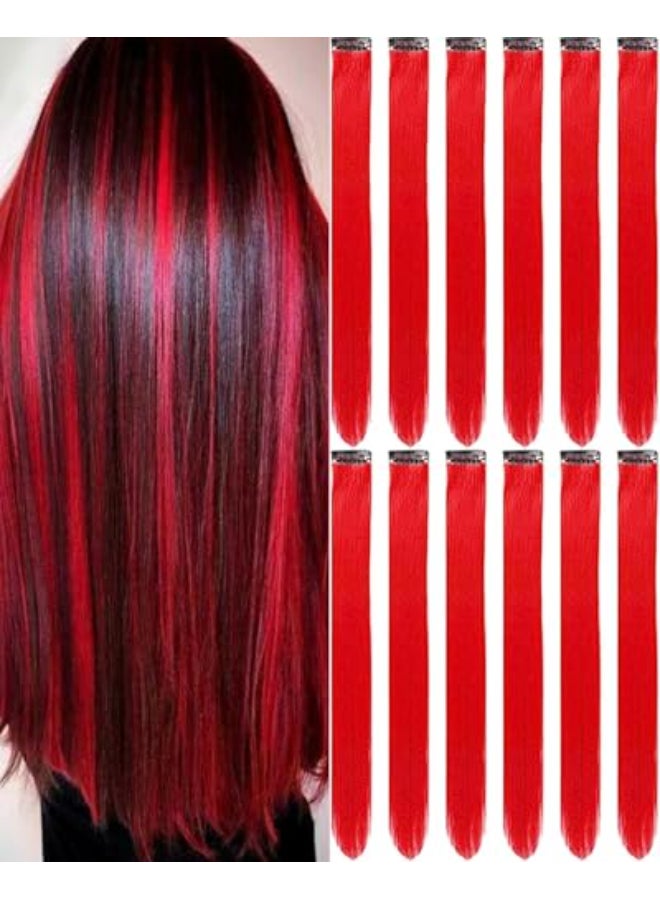 Olldag 12 PCS Red Hair Extensions Clip in 22 Inch Colored Hair Extensions Party Highlights Long Straight Synthetic Hairpieces for Women Cosplay - Image 1