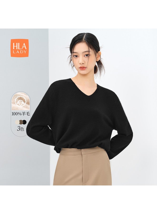 HLA Simple And Versatile Solid Color Loose V-Neck Warm Women'S Knitted Wool Sweater For Spring And Autumn - Image 2