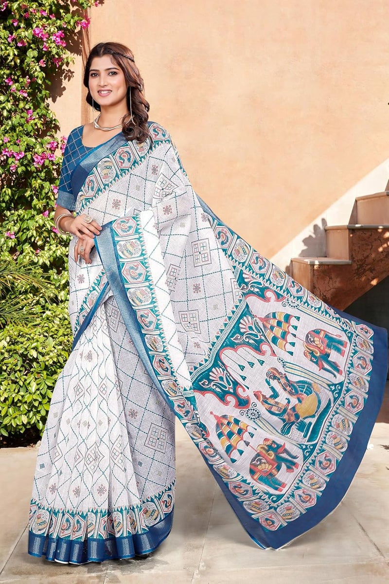 Sidhidata Women's Digital Printed Cotton Linen Blend Saree with Unstitched Blouse Piece - White Multicolor - Image 4