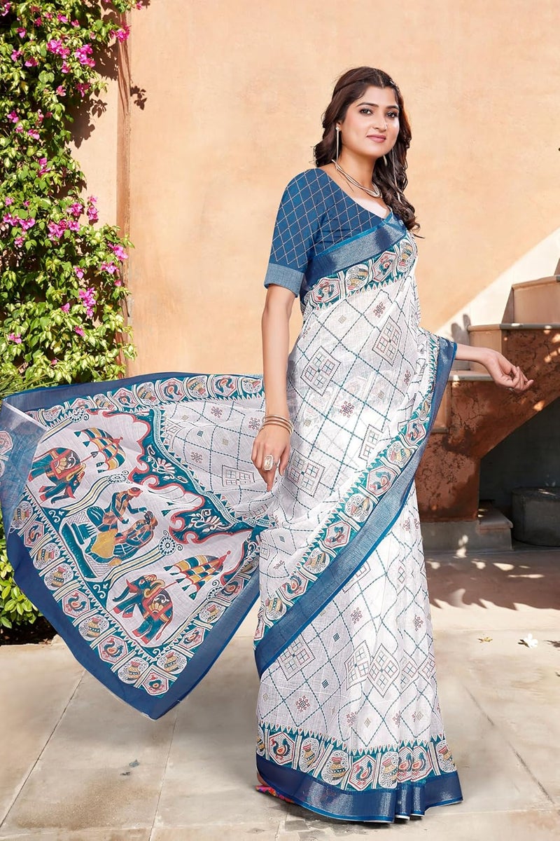 Sidhidata Women's Digital Printed Cotton Linen Blend Saree with Unstitched Blouse Piece - White Multicolor - Image 5