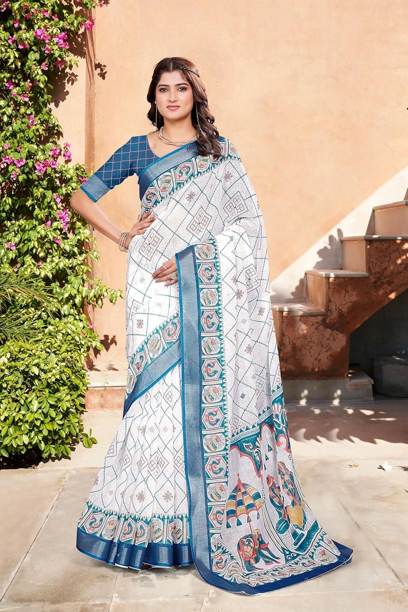 Sidhidata Women's Digital Printed Cotton Linen Blend Saree with Unstitched Blouse Piece - White Multicolor - Image 2
