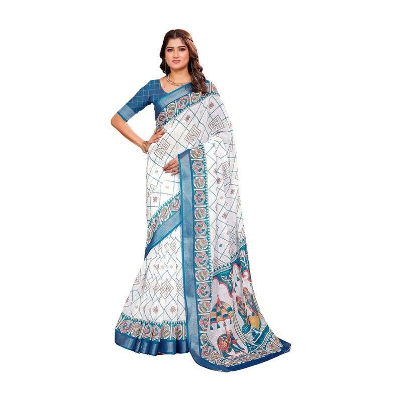 Sidhidata Women's Digital Printed Cotton Linen Blend Saree with Unstitched Blouse Piece - White Multicolor - Image 1