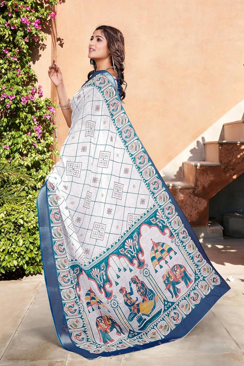 Sidhidata Women's Digital Printed Cotton Linen Blend Saree with Unstitched Blouse Piece - White Multicolor - Image 3