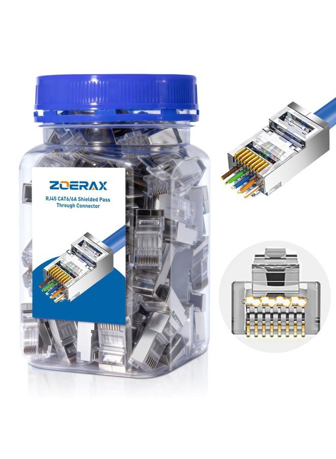 Zoerax 100-Pack Cat 6A RJ45 Pass Through Connector, Cat 6 RJ45 Connector Wire OD 1.20mm Ethernet Ends/Shielded RJ45 Connector for Solid or Stranded FTP/STP Cable - Image 1