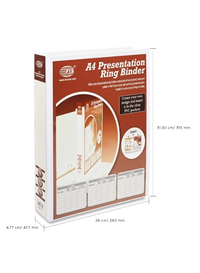 FIS Presentation Binder, A4 Size(210x297mm), 3[D]Ring Type, 25mm Ring Size, 1.50" Inches Spine with Clear PVC Pocket For Easy Insert Your Label Design, Packet of 2 Pieces, White Color-FSBD325DPB/2  - Image 5