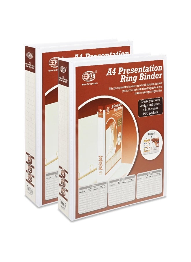 FIS Presentation Binder, A4 Size(210x297mm), 3[D]Ring Type, 25mm Ring Size, 1.50" Inches Spine with Clear PVC Pocket For Easy Insert Your Label Design, Packet of 2 Pieces, White Color-FSBD325DPB/2  - Image 1