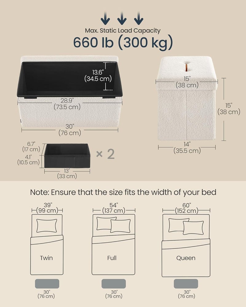 SONGMICS Storage Ottoman Bench, Storage Chest, 38 x 76 x 38 cm, End of Bed Bench, Load up to 300 kg, for Living Room, Bedroom, Entryway, Cream White - Image 3