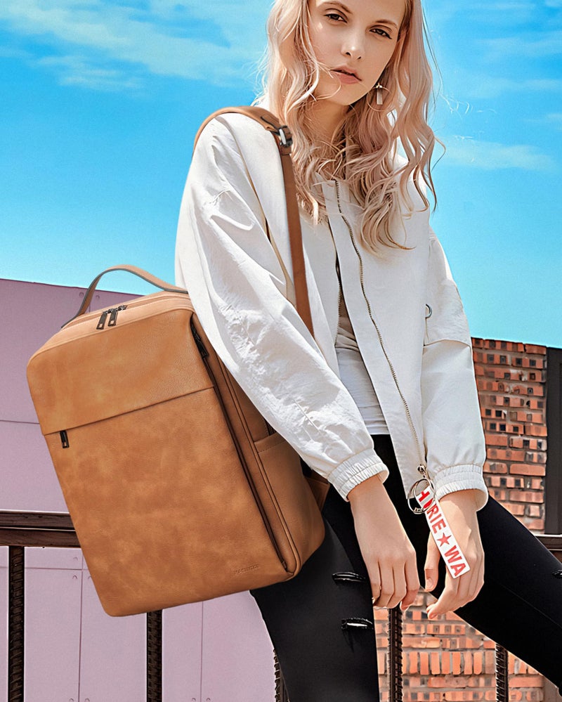 MASINTOR 15.6 inch PU Leather Laptop Backpack Purse for Women, Large College Casual Backpack Travel Bag Retro Camel - Image 2