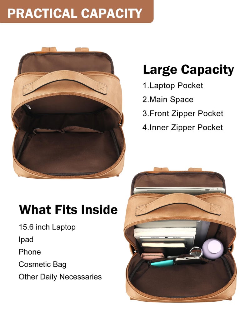 MASINTOR 15.6 inch PU Leather Laptop Backpack Purse for Women, Large College Casual Backpack Travel Bag Retro Camel - Image 3
