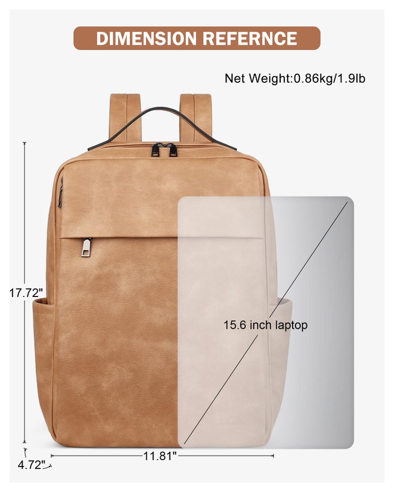 MASINTOR 15.6 inch PU Leather Laptop Backpack Purse for Women, Large College Casual Backpack Travel Bag Retro Camel - Image 5