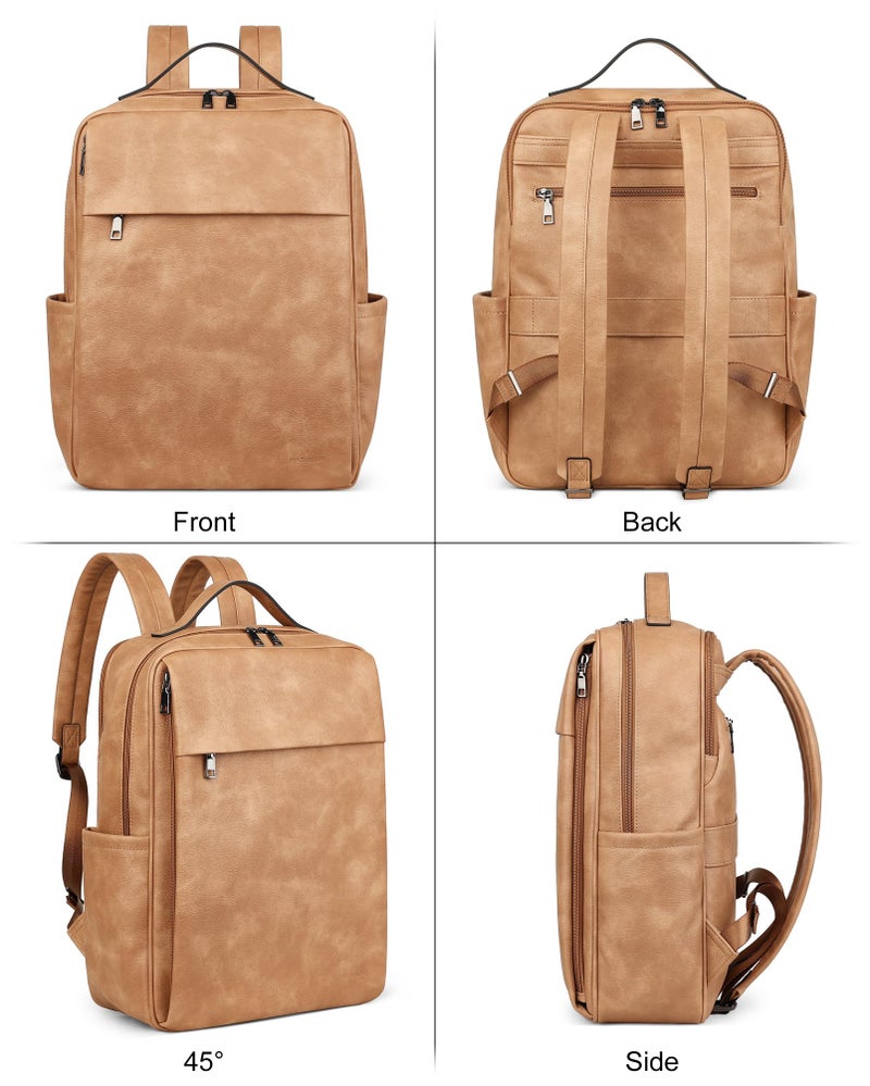 MASINTOR 15.6 inch PU Leather Laptop Backpack Purse for Women, Large College Casual Backpack Travel Bag Retro Camel - Image 4