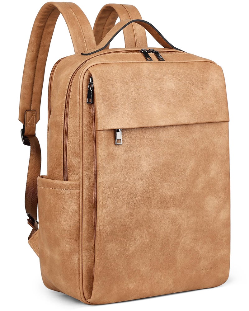 MASINTOR 15.6 inch PU Leather Laptop Backpack Purse for Women, Large College Casual Backpack Travel Bag Retro Camel - Image 1
