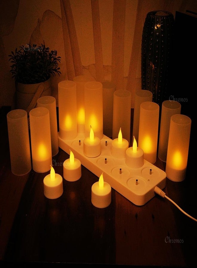 Chronos LED Rechargeable Flameless Tealight, Flickering Tealight Candles White Base with Charging Station (Pack of 12) - Image 1