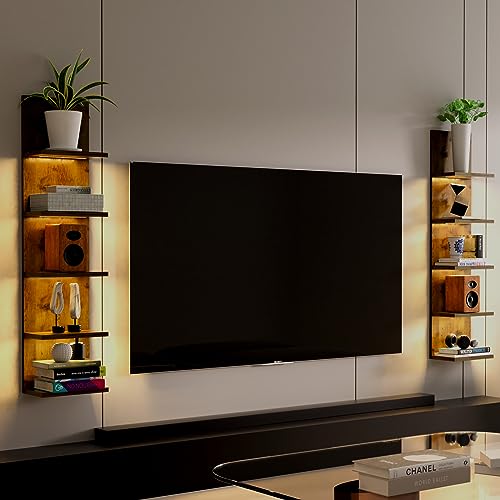 Homaterial 5 Tier Wall Shelf Unit, Modern Vertical Lack Wall Shelves with Light, Wall Mount, Floating Column Home Decor Shelves for Bedroom, Living Room, Vanity Storage Display(Dark Brown) - Image 4