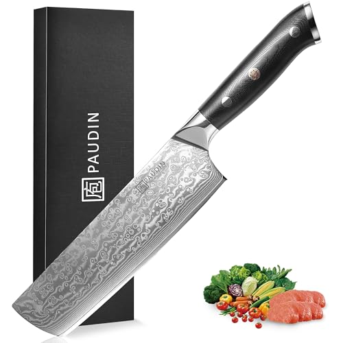 PAUDIN Nakiri Knife 7'', Damascus Chef Knife, Japanese VG-10 Stainless Steel, Kitchen Knife with G10 Full Tang Handle, Razor Sharp 67-Layer Forged Blade - Image 1