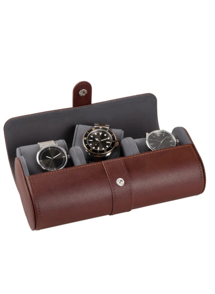 Auriol Leather-Look Watch Roll Case for 3 Watches - Brown - Image 1