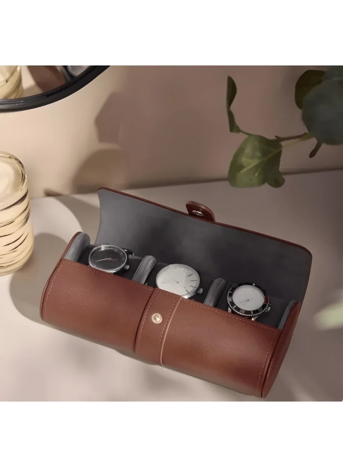 Auriol Leather-Look Watch Roll Case for 3 Watches - Brown - Image 3