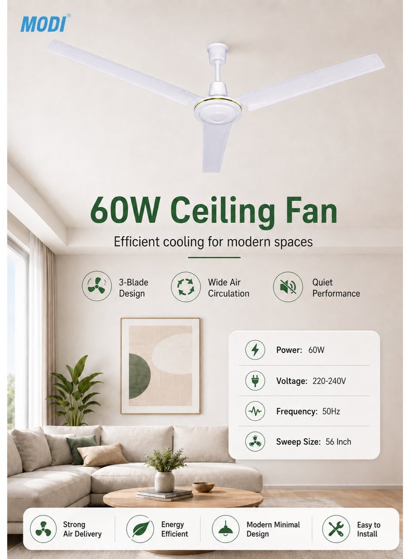 MODI 60W Ceiling Fan, 56 Inch 3-Blade White Ceiling Mounted Fan, Low Noise Air Circulation Fan for Bedroom, Living Room, Office & Home Use - Image 1