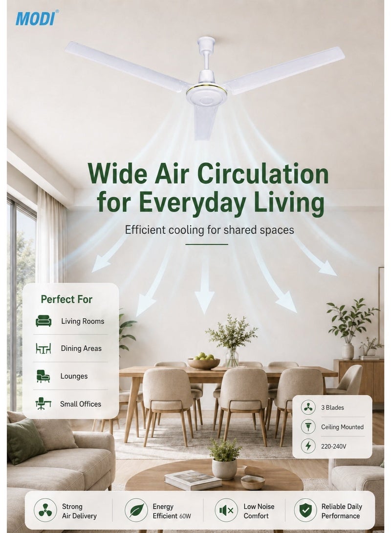 MODI 60W Ceiling Fan, 56 Inch 3-Blade White Ceiling Mounted Fan, Low Noise Air Circulation Fan for Bedroom, Living Room, Office & Home Use - Image 5