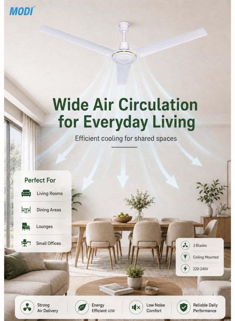 MODI 60W Ceiling Fan, 56 Inch 3-Blade White Ceiling Mounted Fan, Low Noise Air Circulation Fan for Bedroom, Living Room, Office & Home Use - Image 5
