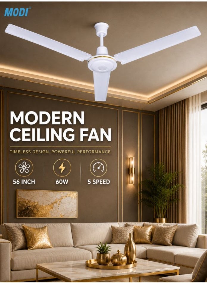 MODI 60W Ceiling Fan, 56 Inch 3-Blade White Ceiling Mounted Fan, Low Noise Air Circulation Fan for Bedroom, Living Room, Office & Home Use - Image 1