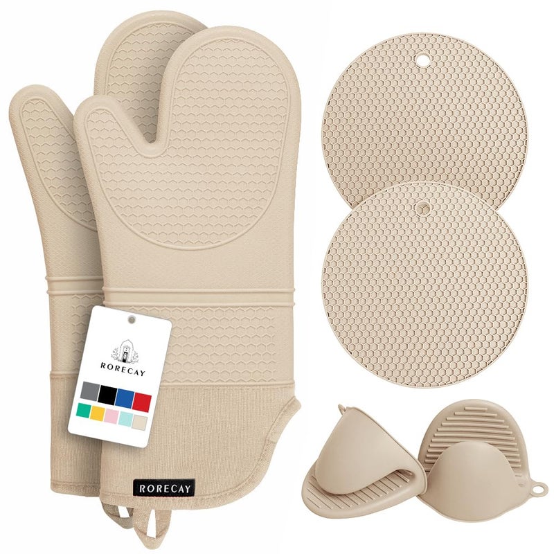 Rorecay Oven Mitts and Pot Holders Sets 6pcs, Extra Long Kitchen Silicone Oven Gloves High Heat Resistant 500 Degrees Non-Slip Potholders Hot Pads for Baking Cooking, Milkshake - Image 1