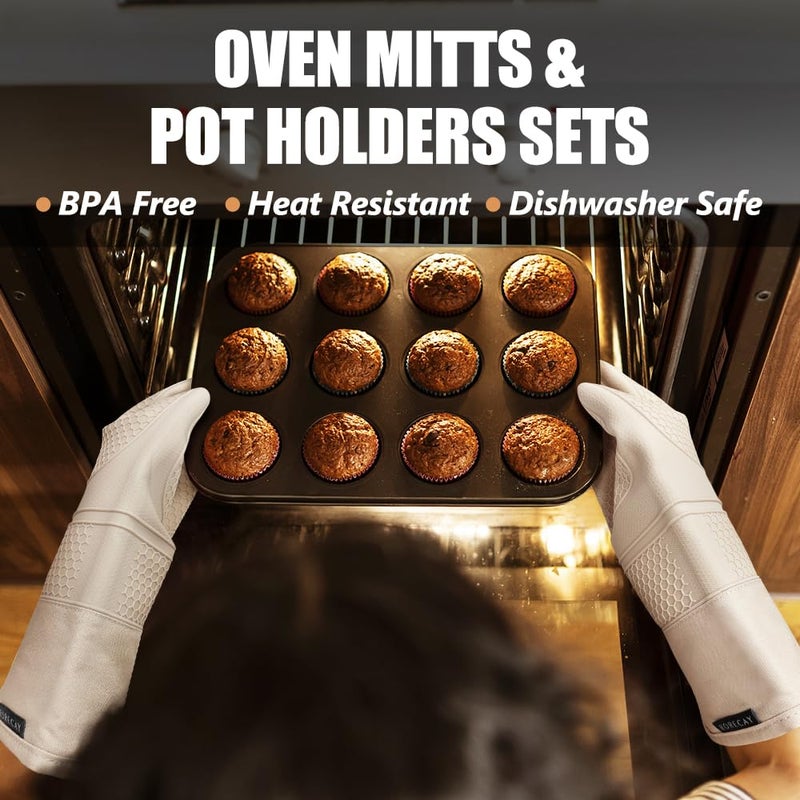 Rorecay Oven Mitts and Pot Holders Sets 6pcs, Extra Long Kitchen Silicone Oven Gloves High Heat Resistant 500 Degrees Non-Slip Potholders Hot Pads for Baking Cooking, Milkshake - Image 2