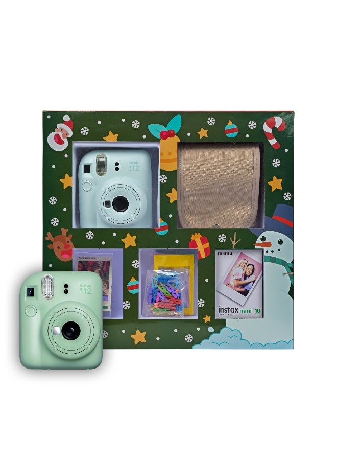 Instax Mini 12 Christmas Gift Box – Green Instant Mini 12 Camera with Brown Case, White Mini Film, Photo Frame, Pegs and Batteries – Perfect Christmas Gift for Kids, Teens, and Adults - Image 1