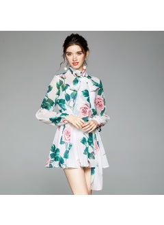 Generic 2020 Early Autumn New Vintage Rose Printing Chiconbow High-Waisted Dress Stylish European and American Travel Vestido De Vacacio White 