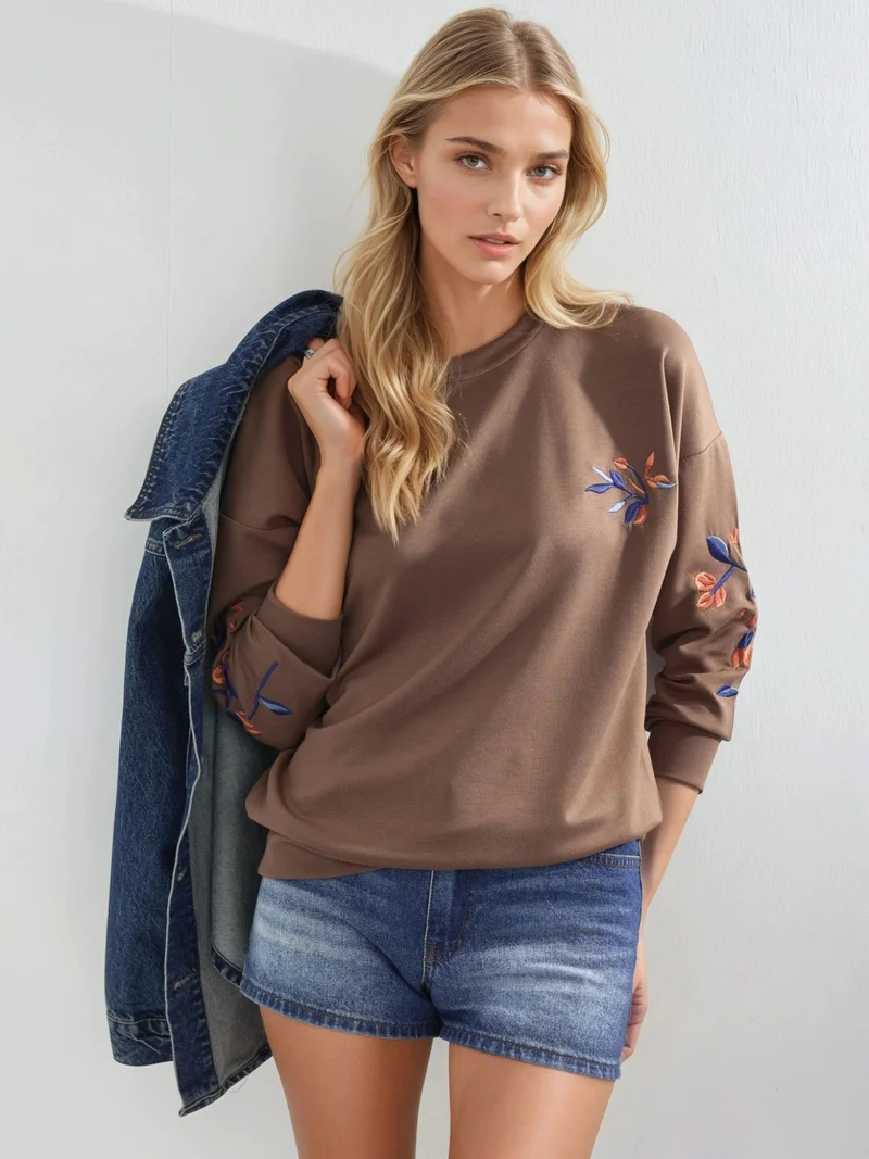 HICCUP Modal Touch Crew Neck Embroidered Sweatshirt Bersan Collection