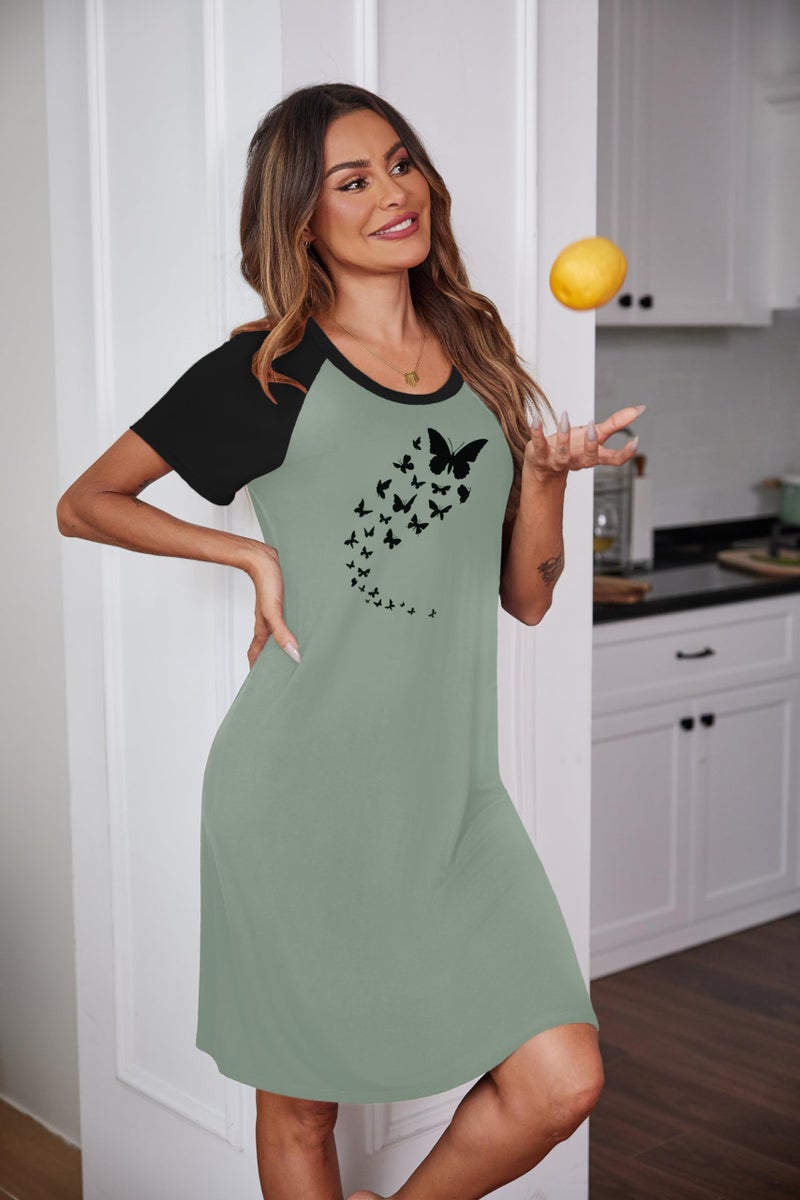 Ekouaer Womens Nightgown Short Sleeve Night Dress Printed Sleepwear Soft Sleep Shirt, Greyish Green Butterfly, L - Image 4