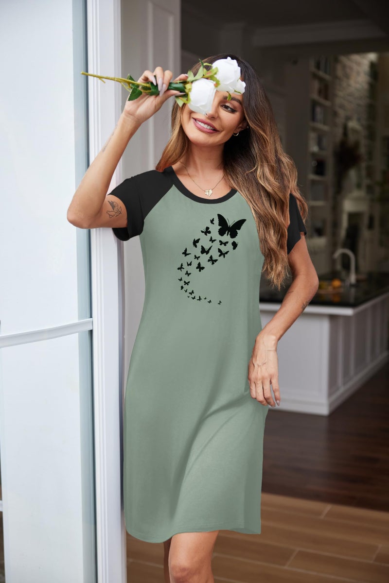 Ekouaer Womens Nightgown Short Sleeve Night Dress Printed Sleepwear Soft Sleep Shirt, Greyish Green Butterfly, L - Image 5