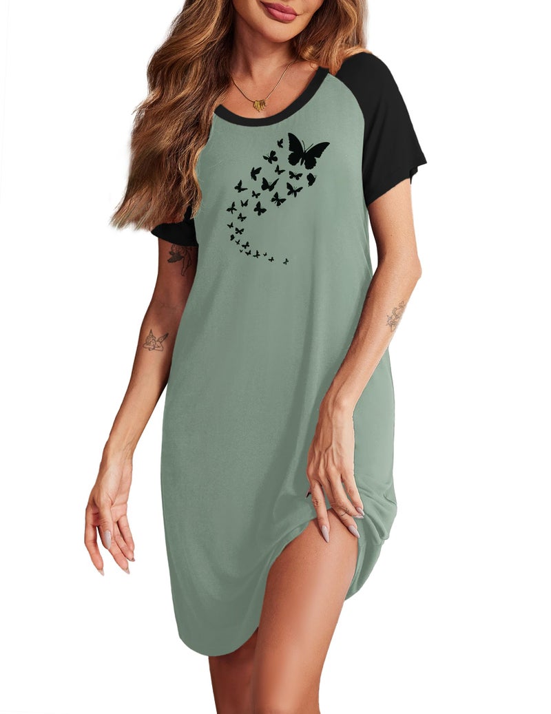 Ekouaer Womens Nightgown Short Sleeve Night Dress Printed Sleepwear Soft Sleep Shirt, Greyish Green Butterfly, L - Image 1