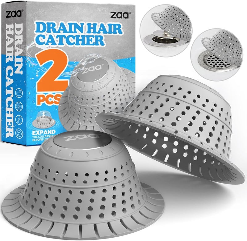 zaa Shower Drain Hair Catcher, 2 Pack Silicone Collapsible Bathtub Drain Cover Dog Hair Catcher & Protector for Pop-Up & Regular Drains of Shower, Bathtub, Tub, Bathroom, Diameter 4.5" - Image 1
